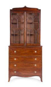 SECRETAIRE BOOKCASE: A fine English Regency mahogany astragal glazed bookcase top with ebony string inlaid secretaire & satinwood fitted interior. Height 230cm, width 102cm, depth 50.5cm