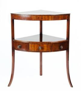 Georgian mahogany corner table, single drawer with brass handles. Height&nbsp;78cm, width 61cm, depth 43cm.