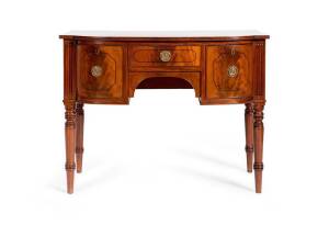 SERVERY: English Regency mahogany bow front sideboard with 3 drawers (centre fitted for cutlery). Height 77cm, width 101cm, depth 53cm