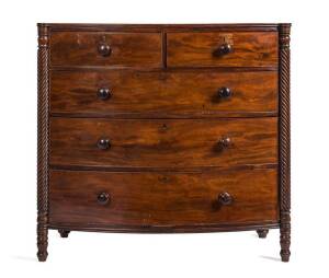 BOW FRONT CHEST: Early 19th century English mahogany chest of 5 drawers with barley twist columns. Height 105cm, width 118cm, depth 57cm