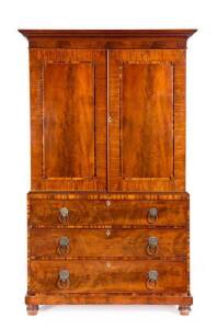 LINEN PRESS: A fine English flame mahogany press over 3 drawers with brass lions mask handles & bone escutcheons, c1830s. Height 212cm, width 132, depth 60cm