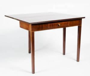 Georgian mahogany fold over tea table with one drawer, reeded edge & band of decorative inlay. Height 75cm, width 94cm, depth 46cm