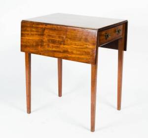 PEMBROKE TABLE: Georgian mahogany drop-side single drawer table with brass handles. Height 72cm, width 48cm, depth 60.5cm