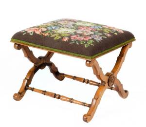 FOOTSTOOL: Walnut, mid 19th century with tapestry top. Height 42cm, width 52cm, depth 52cm