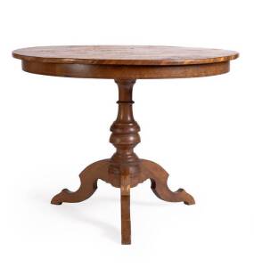 EXHIBITION TABLE: Intricately inlaid star motif with barber pole cross-banded edge on inlaid turned column & tripod base, Italian c1870. Height 69cm, diameter 90cm,&nbsp;