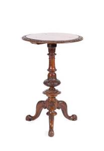Irish burr walnut wine table with inlaid top & carved edge & column, c1870s. Height 74cm, diameter 50cm