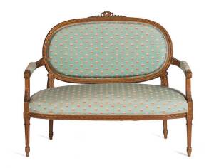 French antique settee, carved & gilded timber in the Louis XV manner, 19th century. Height 101cm, width 122cm, depth 58cm