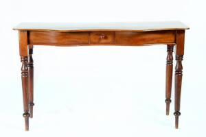 HALL TABLE: Australian cedar double serpentine front with single drawer, most likely South Australian origin, c1880s. Height 75cm, width 123cm, depth 43cm