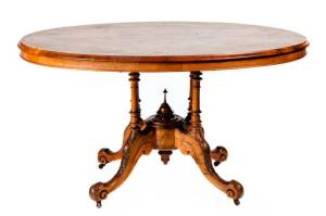 SUPPER TABLE: Burr walnut oval inlaid top, English c1880s. Height 74cm, width 134cm, depth 100cm