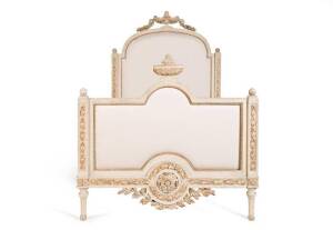 French Queen size bed, cream & gilt finish with carved & padded back. Height 195cm, width 150cm, length 215cm.