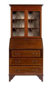 SECRETAIRE BOOKCASE: Mahogany & satinwood inlay Sheraton revival 3 drawer base with astragal glazed bookcase top, late 19th century. Height 175cm, width 82cm, depth 46cm