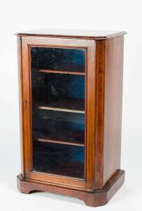 MUSIC CABINET: English burr walnut one door cabinet with string inlay. Height 88cm, width 52cm, depth 38cm