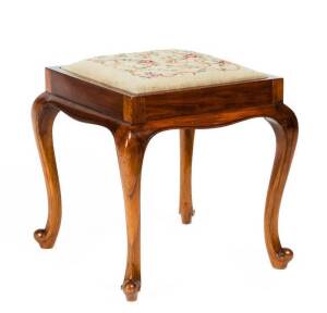 FOOTSTOOL: Australian blackwood with cabriole legs & tapestry seat. Height 46cm, width 43cm, depth 43cm