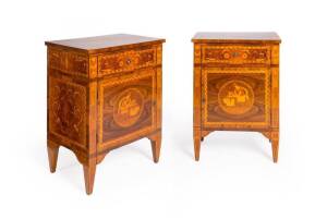 A pair of Italian marquetry bedside cabinets, 20th century. Height 86cm, width 59cm, depth 42cm