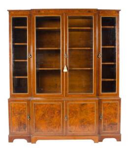 DISPLAY CABINET: Breakfront 4 door with bevelled glass & burr walnut panel doors. Late 20th century. Height 169cm, width 145cm, depth 37cm