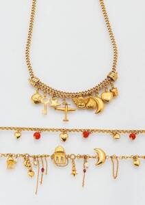 A collection of jewellery, including charm necklace, coral bracelet, four pairs of earrings & a locket, 18ct yellow gold.