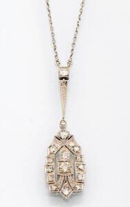 An Art Deco diamond pendant necklace. 14ct white gold.&nbsp;