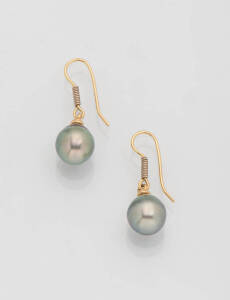 A pair of Tahitian pearl drop earrings. 9ct yellow gold.