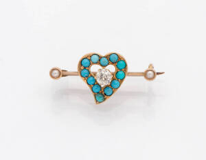 An Edwardian diamond, turquoise and pearl heart brooch. 15ct yellow gold.