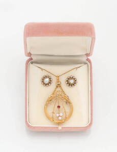 A pearl pendant on chain and a pair of pearl cluster earrings. Yellow gold.