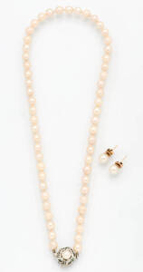 A cultured pearl necklace and a pair of 9ct yellow gold and cultured pearl earrings.&nbsp;