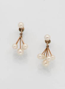 A pair of pearl cluster drop earrings. 9ct yellow gold.