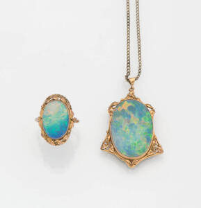 An opal doublet ring and pendant. 9ct yellow gold.&nbsp;
