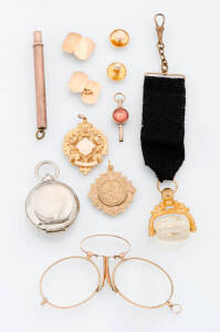A collection of pieces, including Gentleman's dress set, spectacles, pencil, watch key and fobs.