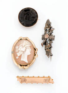 Four various brooches including a cameo, sterling silver Victorian and carved bog oak brooch.