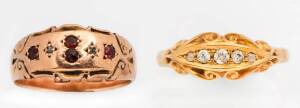 Two Victorian dress rings. One diamond set, the other garnet set. 18ct Yellow gold and 9ct rose gold.&nbsp;