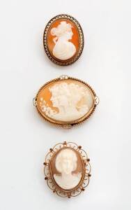 Three various cameo brooches. 9ct yellow and rose gold.