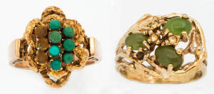 Two dress rings. Of textured finish, one set with jade, the other with turquoise 9.20 grams. 14ct and 18ct yellow gold.&nbsp;