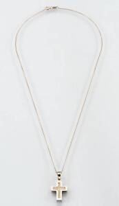 A diamond set cross on chain. 18ct white gold.