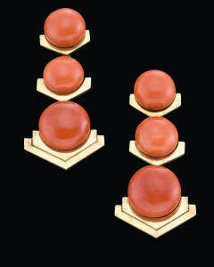 A pair of French Art Deco coral pendant &nbsp;earrings. Length 4cm. Silver gilt.&nbsp;