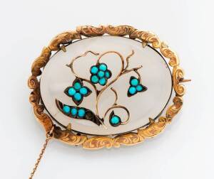 A Victorian quartz and turqoise brooch. 9ct yellow gold.&nbsp;