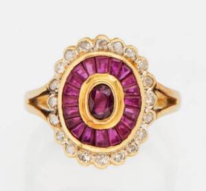 &nbsp;A ruby and diamond dress ring. 18ct yellow gold.&nbsp;