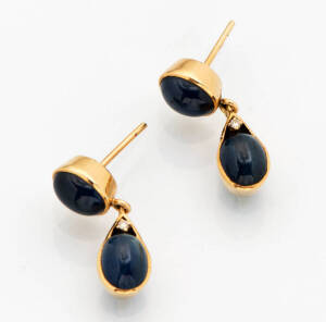 A pair of cabochon sapphire and diamond drop earrings. 18ct yellow gold. Length 2.3cm.&nbsp;