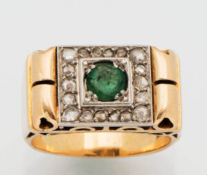 A 1940's Retro emerald and diamond ring. 18ct yellow gold. Size L&frac12;.