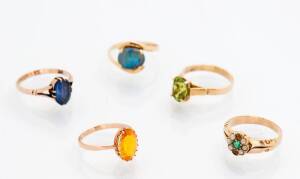 Five various dress rings. 9ct yellow gold. Weight 12.20 grams.&nbsp;