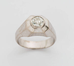 A French Art Deco solitaire diamond signet ring. Estimated diamond weight 1.2 carat. 18ct white gold.&nbsp;