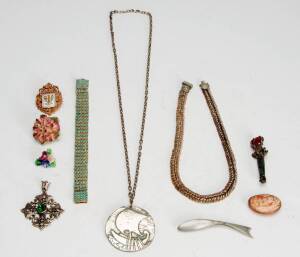 Collection of jewellery including gold wedding band, New Zealand greenstone and gold brooch, gold and shark tooth necklace, pocket compass, watch, etc. &nbsp;&nbsp;
