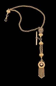 An antique albertina. Yellow gold. Weight 28.46 grams.