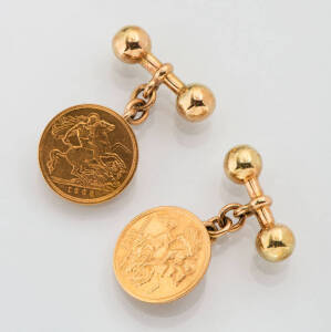 A pair of half sovereign cufflinks. 22ct yellow gold.