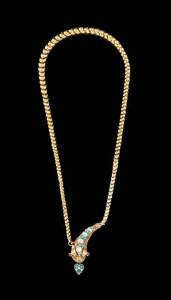 A Victorian turquoise and seed pearl serpent collar. Yellow gold. Boxed