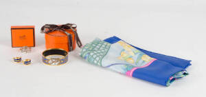 Hermes bangle, ring, scarf and earrings.