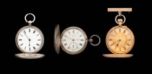 Three pocket watches - one gold.