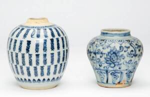 Two Chinese blue and white jars, 17th and 18th century, one decorated with flowers, the other with continuous rows of characters, 10 and 12cm high