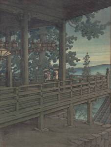 Japanese woodblock print, Temple monks, 37 x 48cm