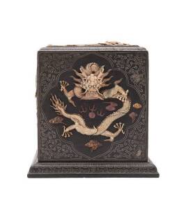 A Chinese silver inlaid hardwood seal case, inlaid with dragons in soapstone, 17.5cm high