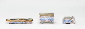 Three small Chinese scholar's objects decorated with enamels and gilt, each one with a Qianlong mark, 4.6 to 8.1cm wide